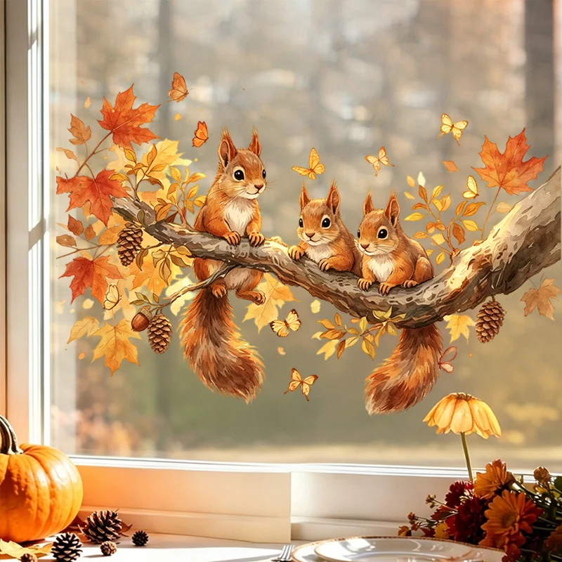 1pc Autumn Branch Squirrel Window Sticker Hand-painted Watercolor Squirrel with Fallen Leaves Creative Decal for Wall Kitchen