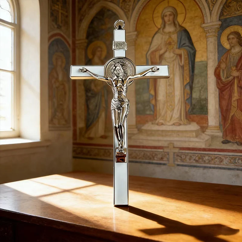 Neu2026 Traditionelles silberfarbenes katholisches St.-Benedikt-Kruzifix mit INRI-Gravur für Kirchenaltar und spirituelle Heimdekoration – Detail 7