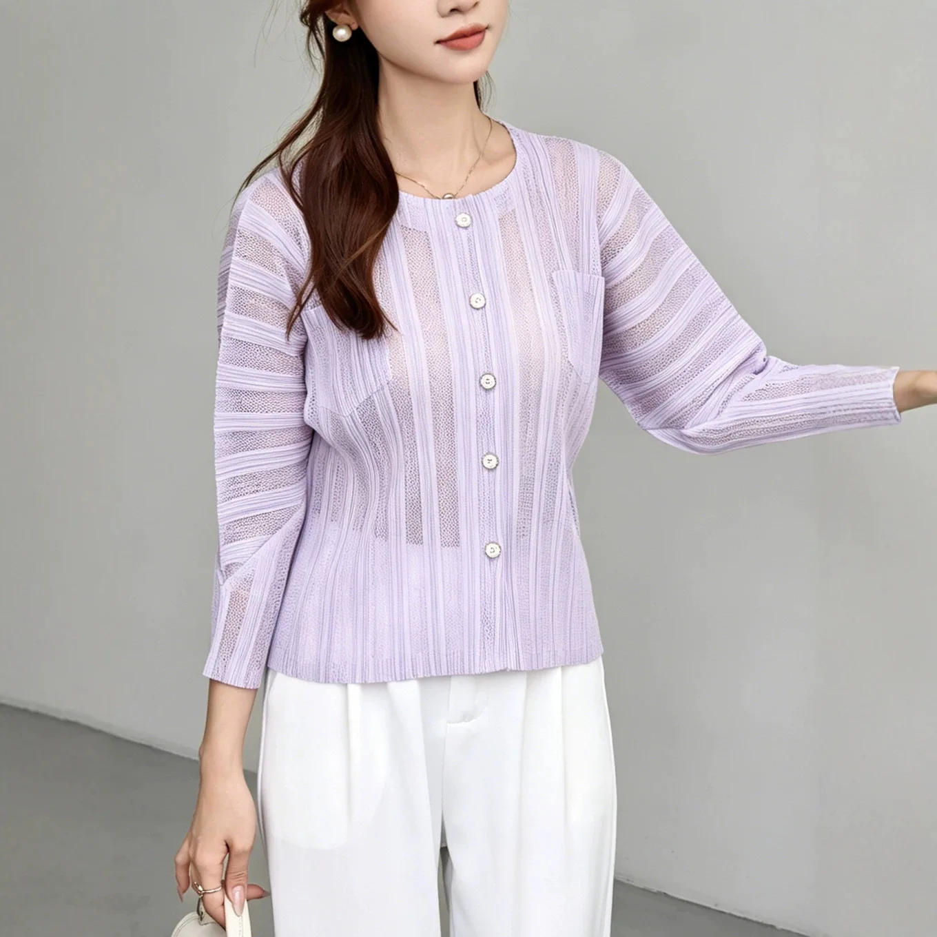Miyake Pleated Women's Casual Tops 2026 New Japanese Design Hollow Striped Tops Round Neck Long-sleeved Cardigan Loose T-shirt