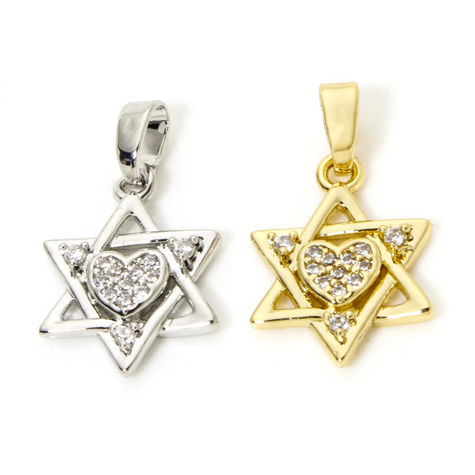 2pcs Star Brass  Charm Heart Hexagram Micro Pave Clear Cubic Zirconia Pendant With Melon Buckle for DIY Necklace 21mm X 12mm