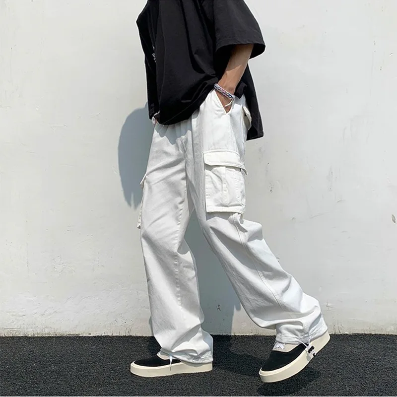 Summer KPOP Fashion Style Harajuku Slim Fit Trousers Loose All Match Casual Pants Solid Pockets Straight Cylinder Cargo Pants