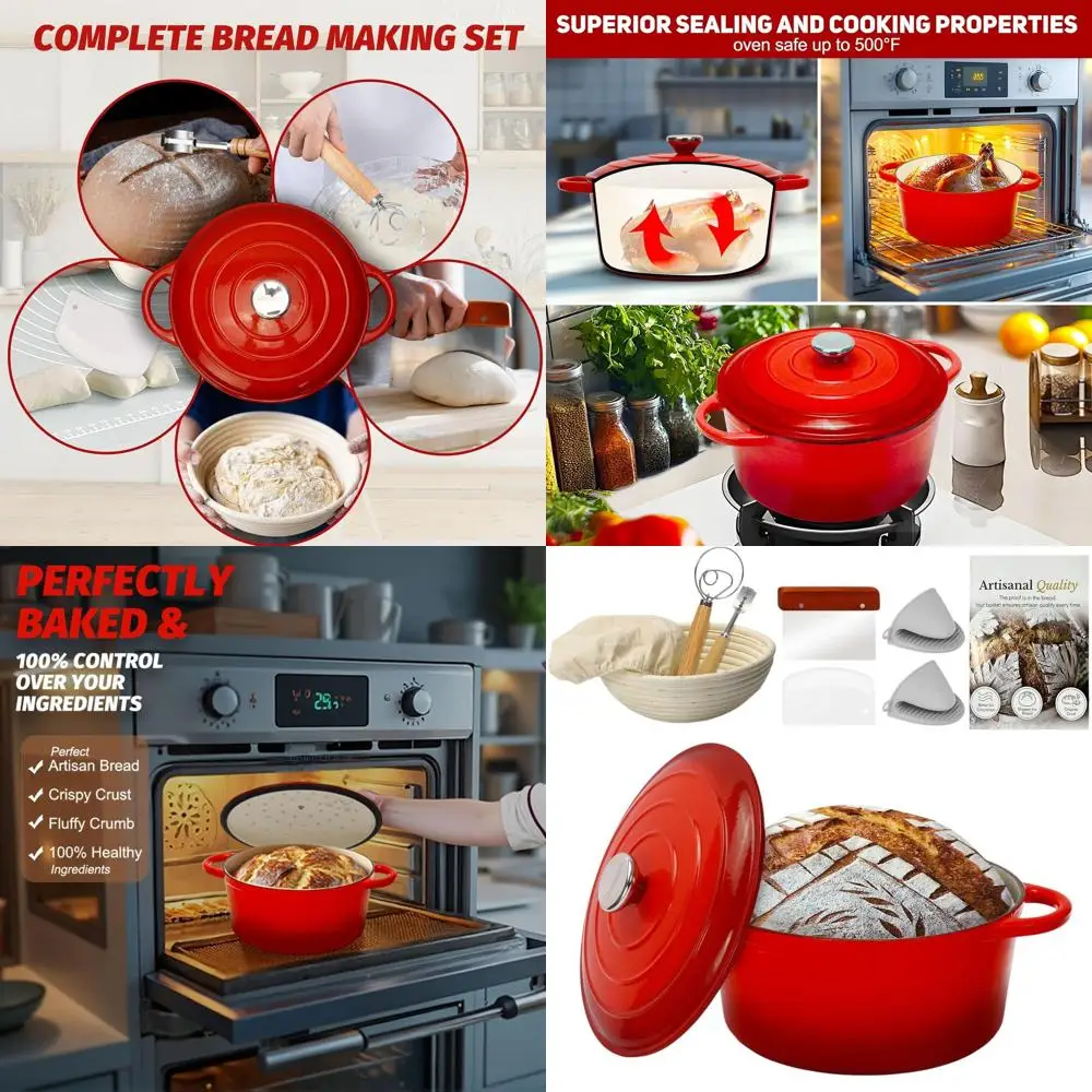 

Red 5QT Enamel Cast Iron Bread Oven with Proofing Basket for Baking, Roasting, and Stews