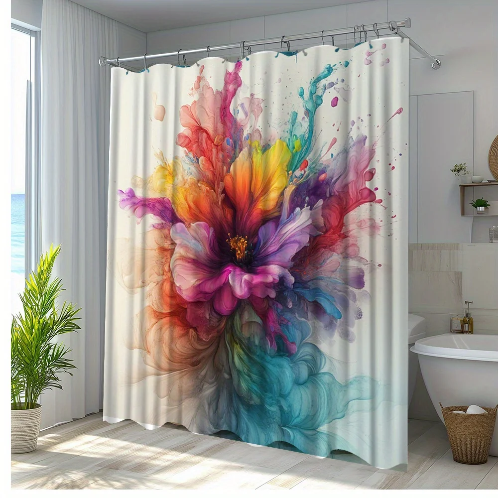 

1 шт., занавеска для душа с ярким цветочным принтом — декор для ванной комнаты из полиэфирной ткани с 12 крючками, 70,8x70,8 дюйма, акварель, которую можно стирать в машине