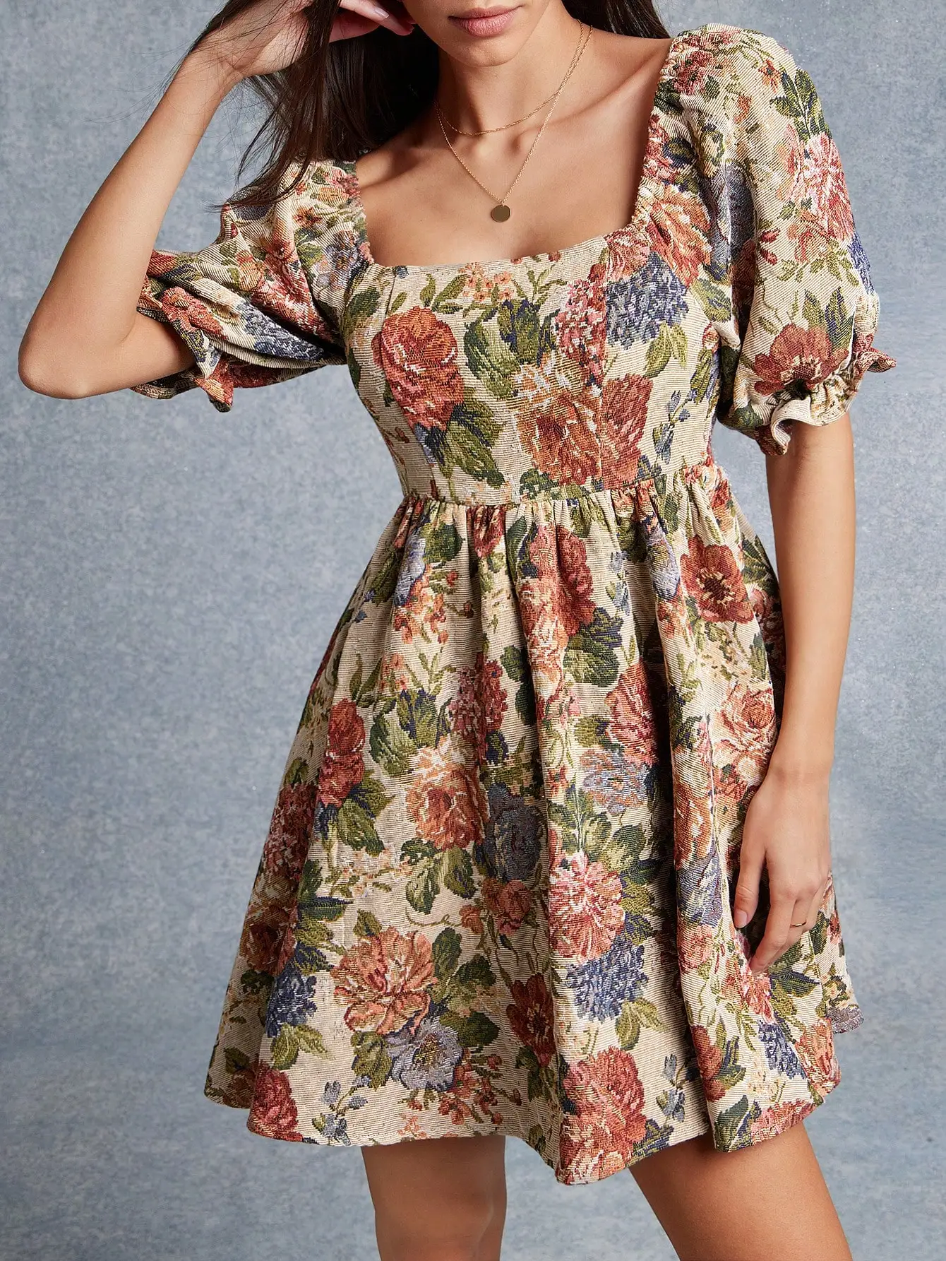 Floral Tapestry Mini Dress with Square Neck & Puff Sleeves, Boho Western Style for Fall Winter