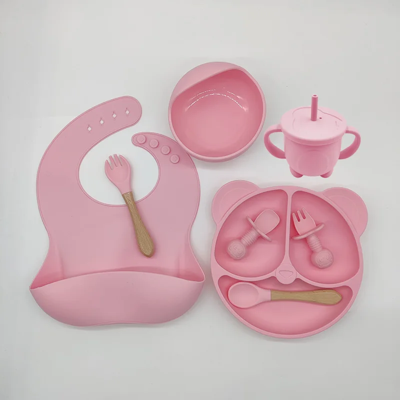 5/8P Baby Silicone Tableware Set Sucker Bowl Spoon Fork Feeding Cup Bib Divided Plate Infant Dishes Suction Children Dinnerware