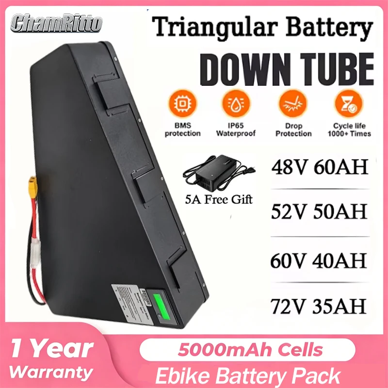 

52V 48V 36V 60v 72v Triangle 18650 Cell 20AH 24ah 30AH 35ah 40AH Huge Capacity 3000W 50Ah60ah Ebike Lithium Battery with Charger