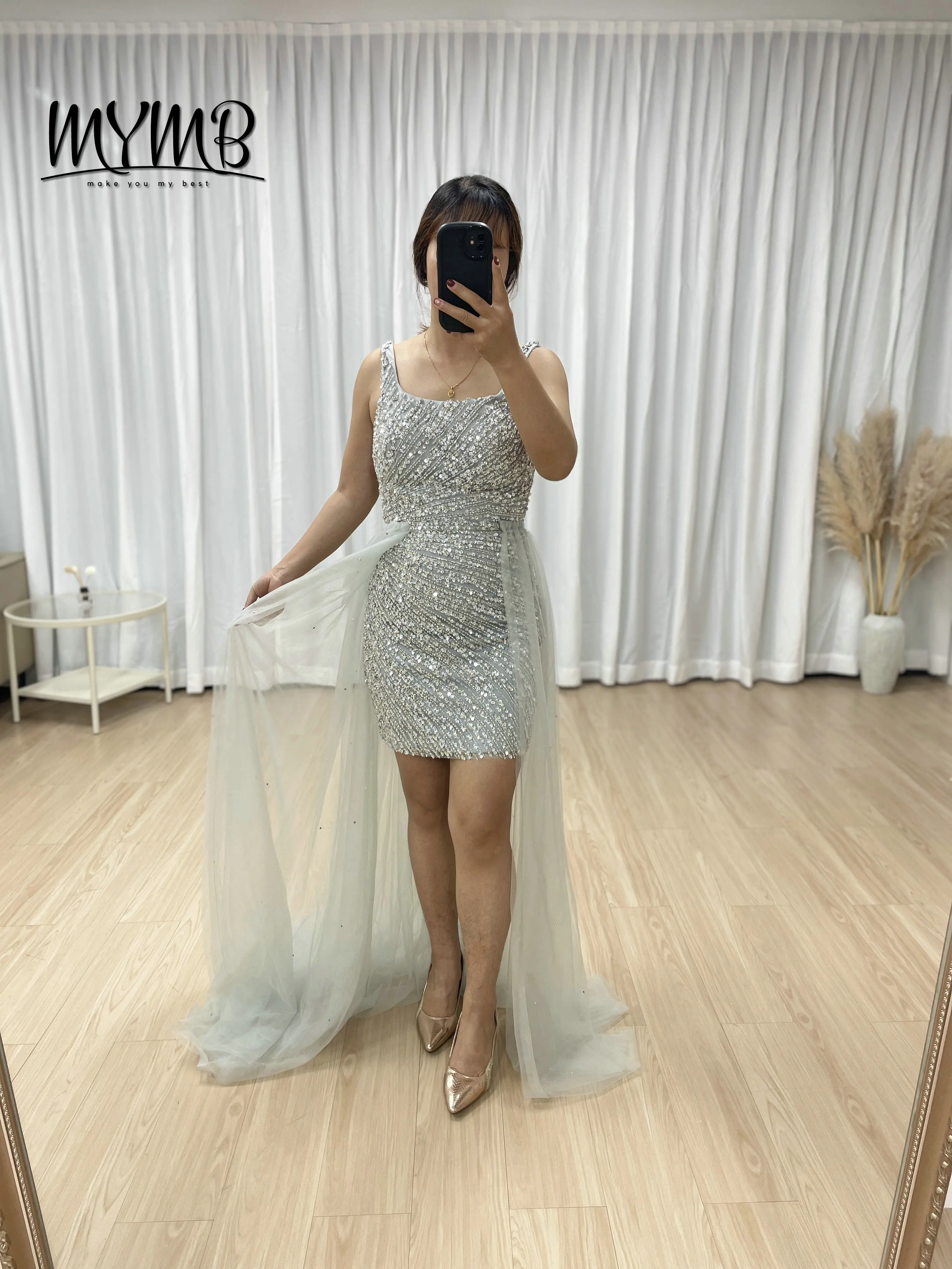 MYMB Luxury Silver Couture Beaded Scoop Neck Sexy Short Wedding Dress With Mesh Train Evening Dress Prom Graduation ASU2020-08S