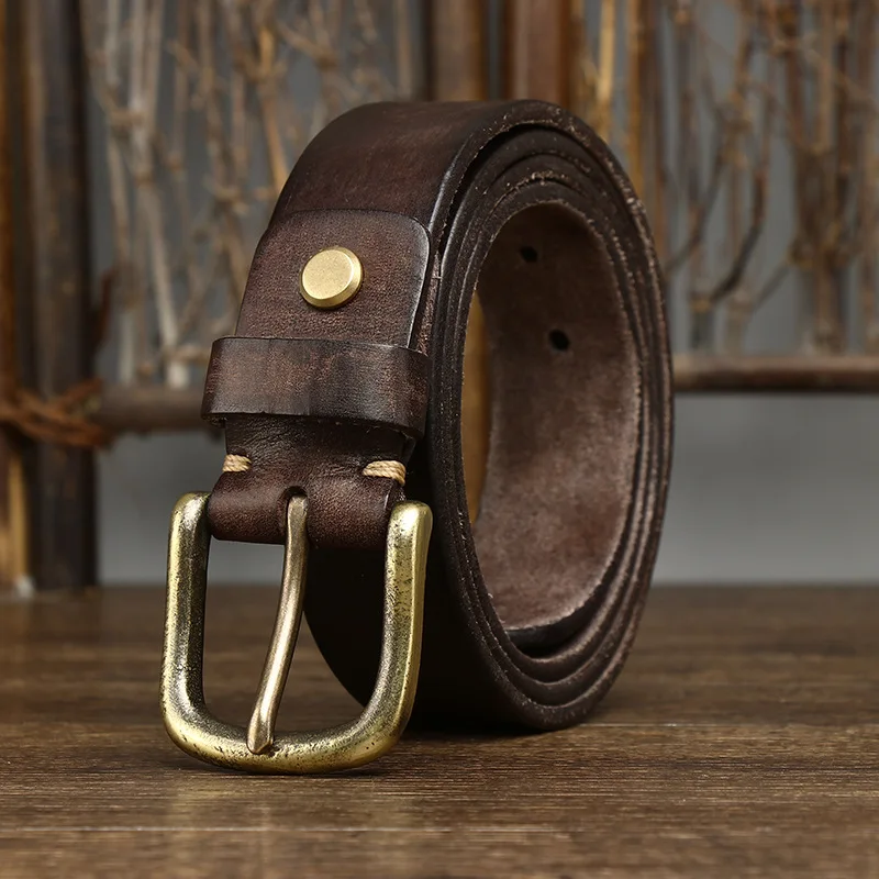 

3.3CM Washed Old Leather Belt For Men's Top Layer Cowhide, Pure Copper Needle Buckle, Casual Jeans Belt, Genuine Leather