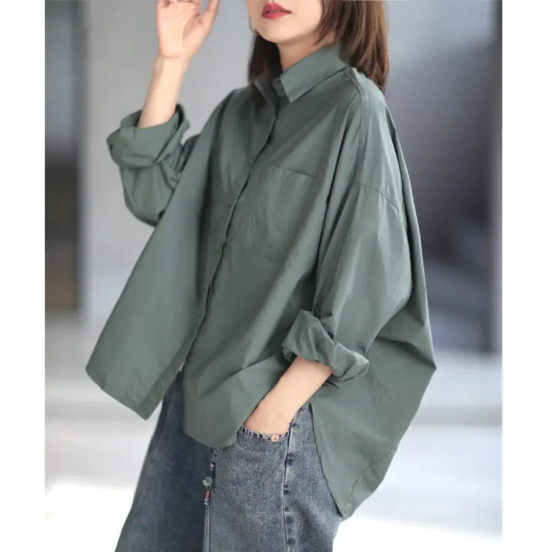 

Women's Long Sleeved Cotton Shirt, Loose, Casual, Lazy Style, Three-Dimensional Cut, Solid Color, Spring Clothing Top