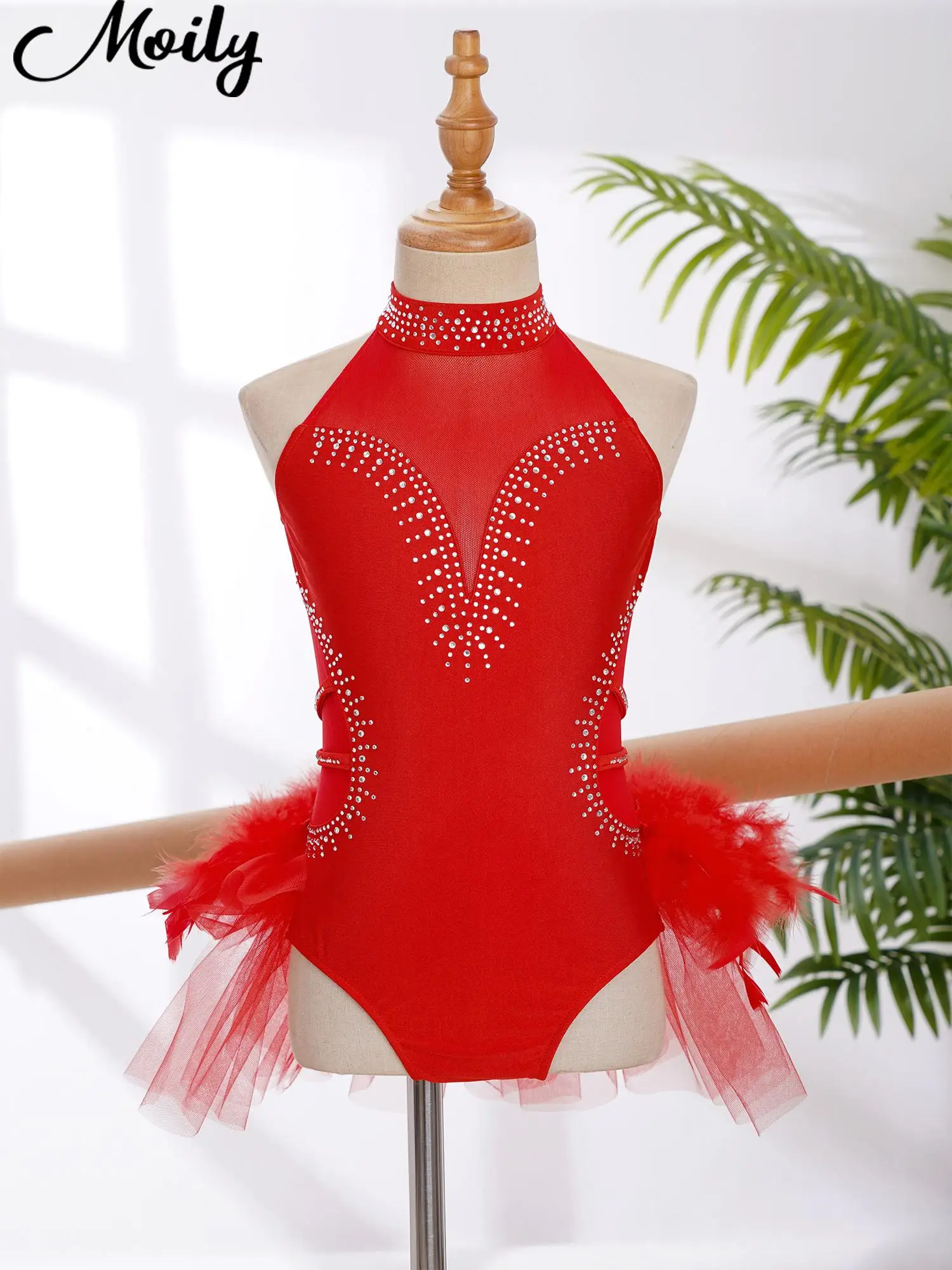 

Kids Girl Ballet Dance Gym Performance Costume Latin Jazz Cha-cha Dancewear Rhinestone Sheer Mesh Feather Tulle Skirted Bodysuit