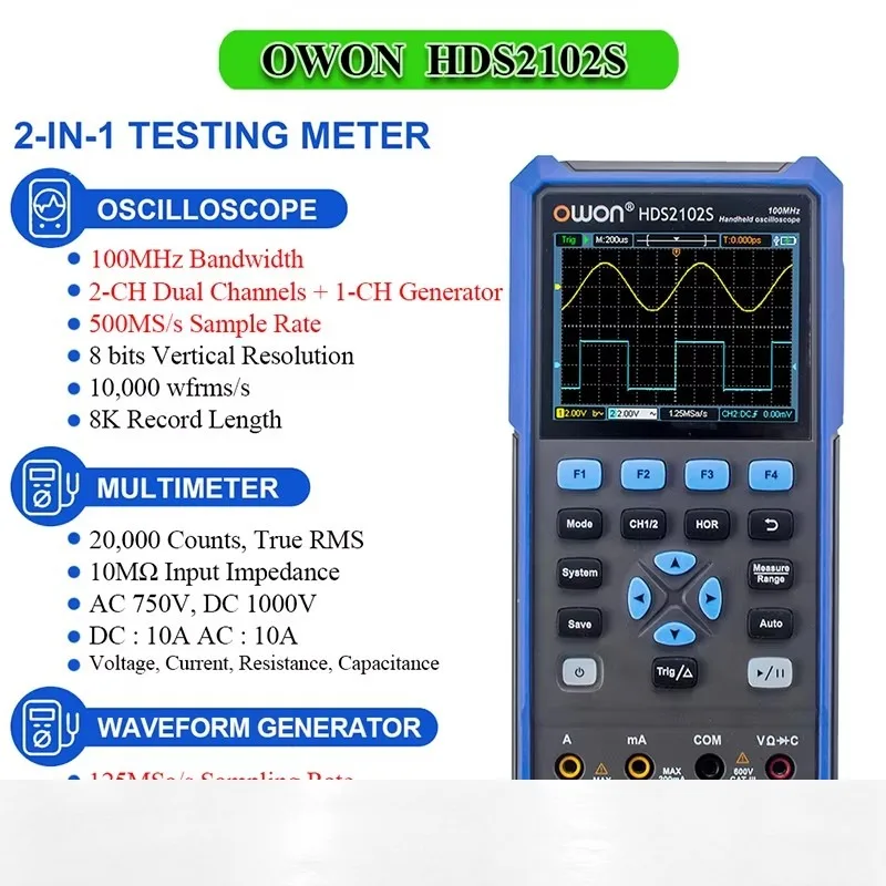 OWON HDS2102S 3-in-1 Handheld Oscilloscope 100MHz 500MSa/s 2CH+1CH Signal Generator Multimeter Professional Portable