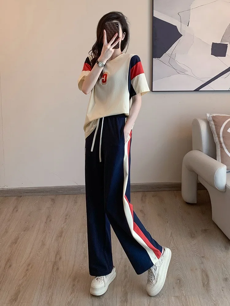 Set di abbigliamento sportivo casual da donna estivo nuovi pantaloni larghi a gamba larga marchio famoso abbigliamento sportivo set da due pezzi misto cotone femminile