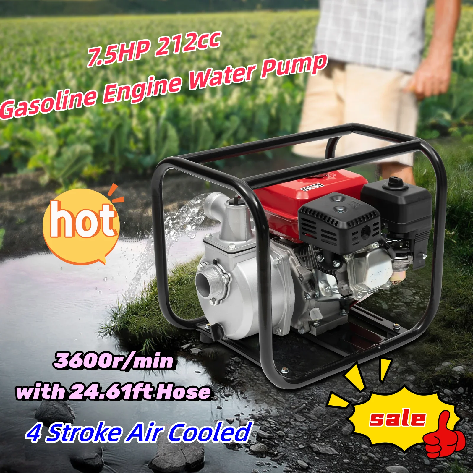 

7.5HP 212cc Gasoline Engine Water Pump 4 Stroke Air Cooled Water Transfer Pump 3600r/min with 24.61ft Hose