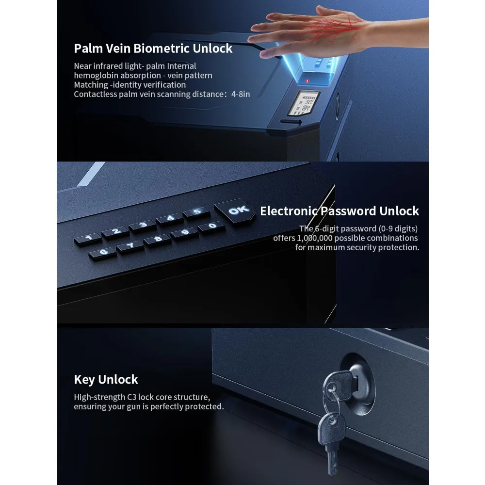 Caja fuerte para pistola biométrica con venas de palma del mundo, desbloqueo inteligente de [0.09s] [10X militar anti-fría/gota], caja fuerte para pistola con teclado + llave L