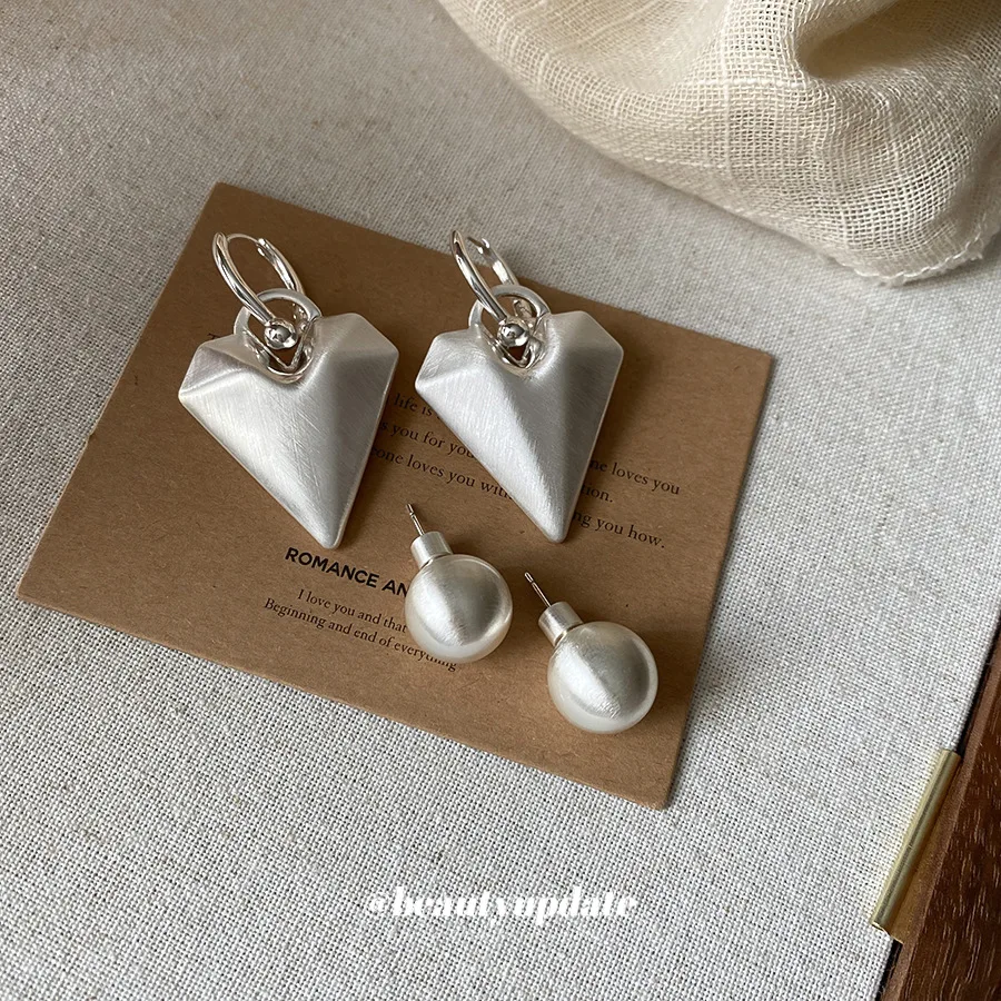 Modern Matte Brushed Metal Geometric Heart Drop Earrings Round Ball Stud Combo Minimalist Silver Color Jewelry Set for Girls