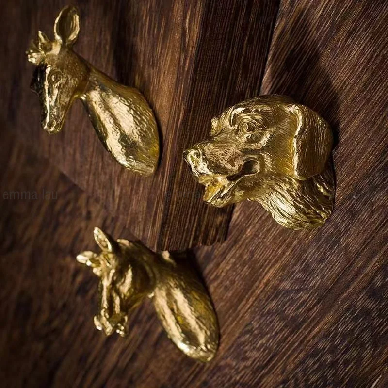 American Retro Furniture Handles Drawer Knob Animals Shape Wall Hooks Dog Horse Head Brass Cabinet Door Wardrobe Dresser Pulls