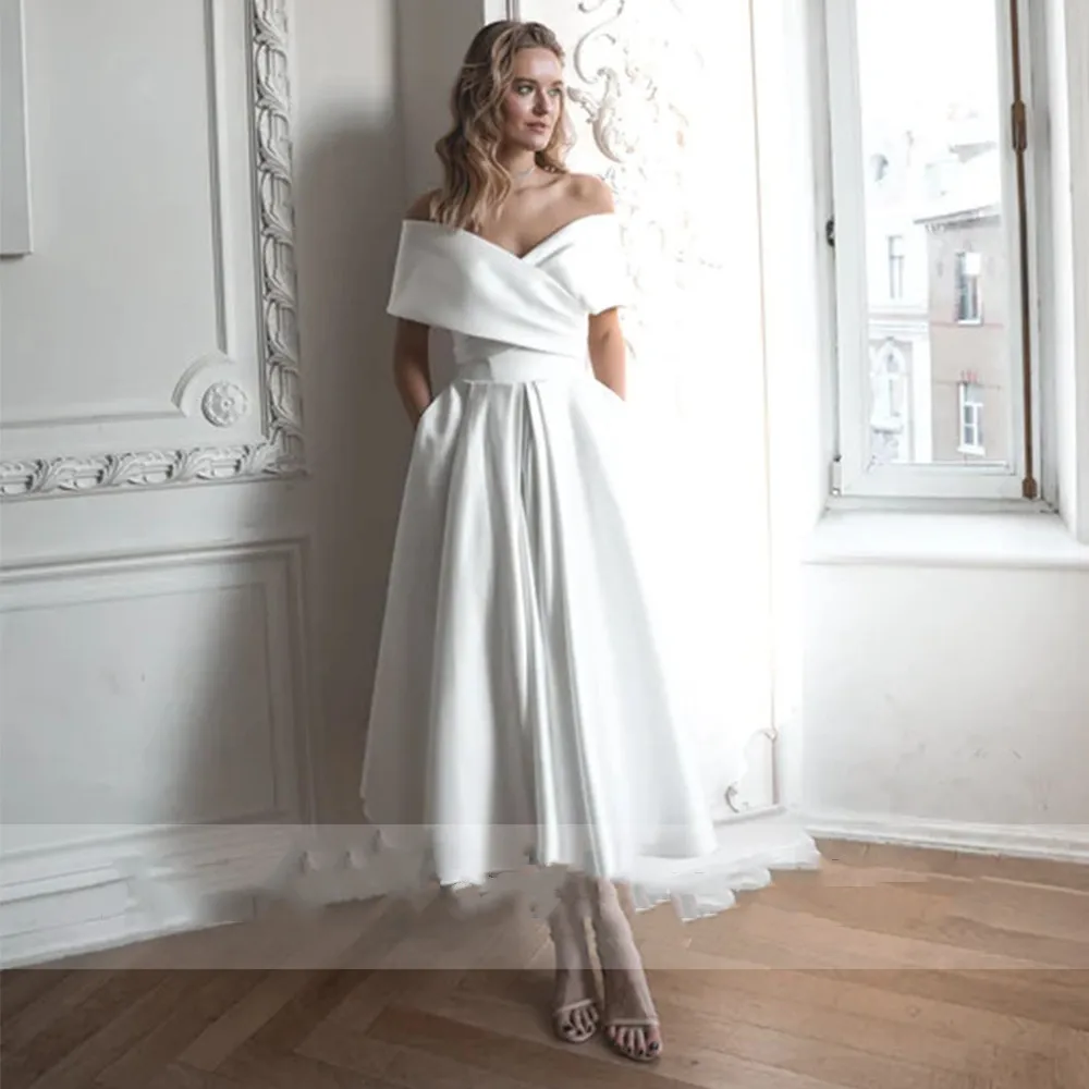 

Satin Off the Shoulder Wedding Dress Pleat A-Line Mid-Calf Bridal Lace Up Dresses with Pocket Sexy Back Civil Bride Custom Gown