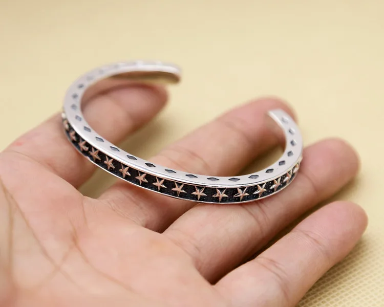 European and American fashion S925 pure silver pentagonal star bracelet men's Korean version fashion trend punk bracelet