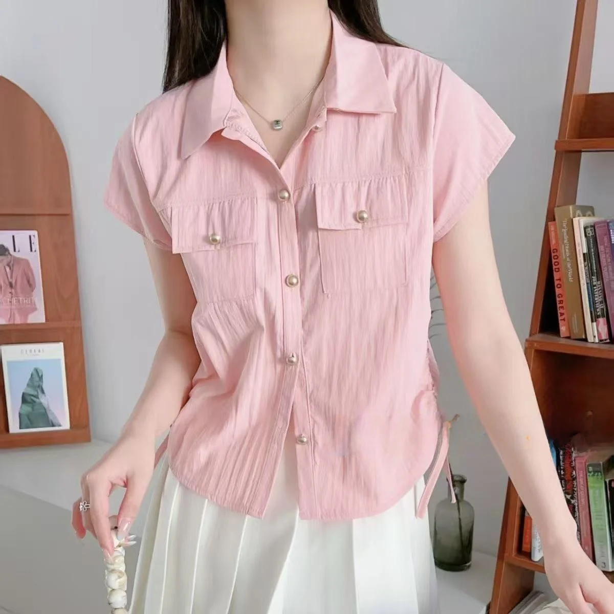 

Summer Fashion Short Sleeve Loose Fit Shirt Stylish Slimming Short Length Collar Top Women's Premium Clothing