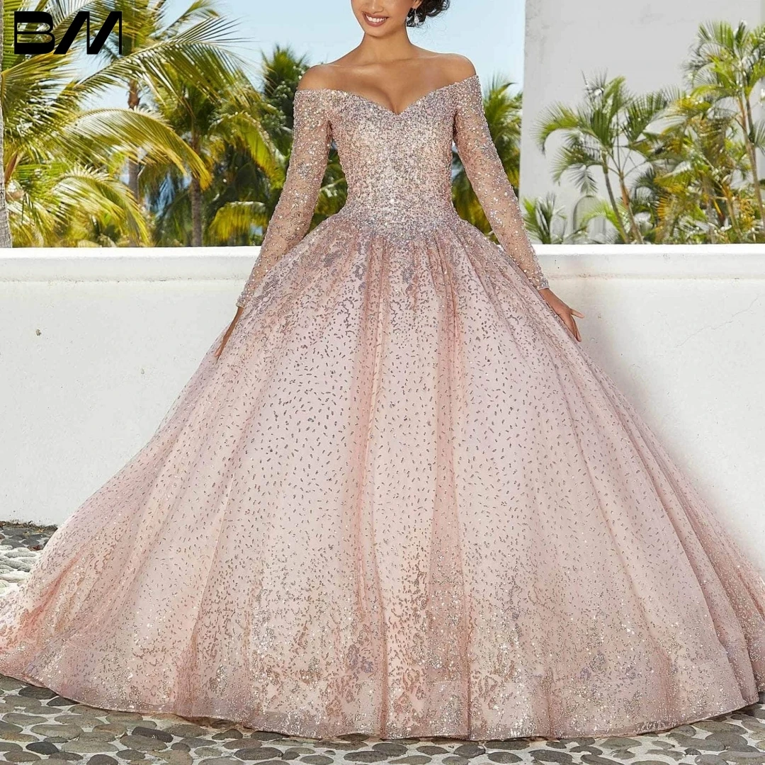 Beaded Long Sleeves Quinceñera Dress Glitter Net Pattern Crystal Beading Vestidos De 15 Quinceañera Cocktail Dresses Vestidos