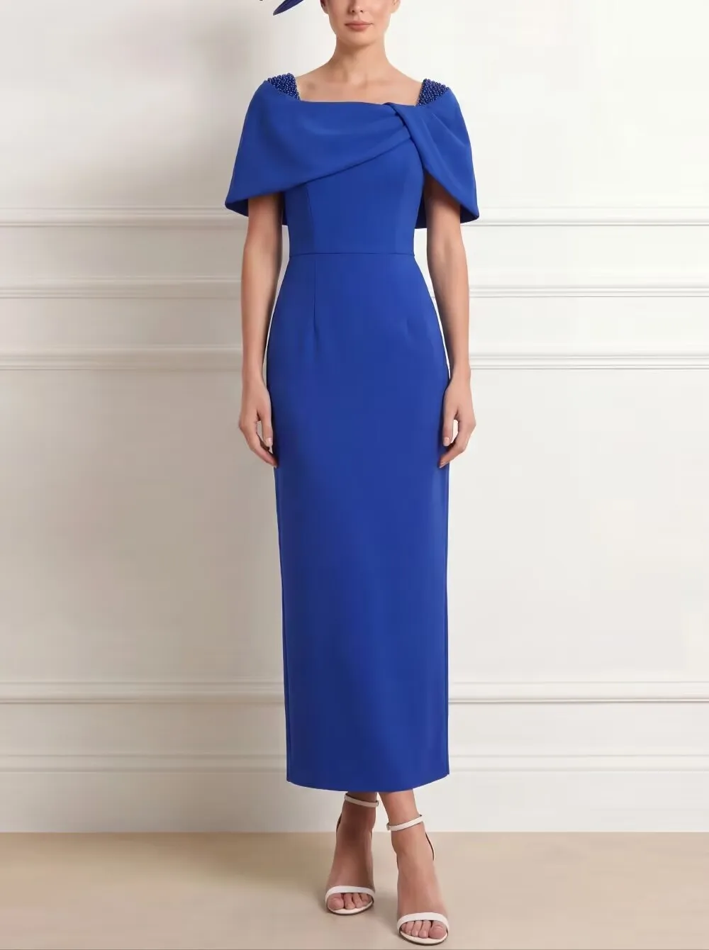 High Quality Customized Square Collar Ankle Length Blue Short Sleeves Straight Woman Robe Pour Mariage Invité Vestidos De Gala