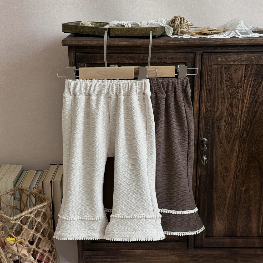 Girl Pants 2026 Spring and Autumn New Suit Korean Style Girl Baby Fashion Casual Grain Lace Loose Micro Slacks Simple