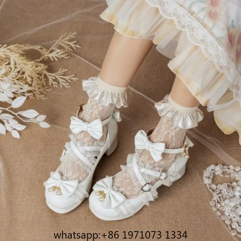 White Lace Bow Cosplay High Heels Women Cross Strap Buckle Platform Mary Jane Shoes Female Party Princess Lolita Pumps
