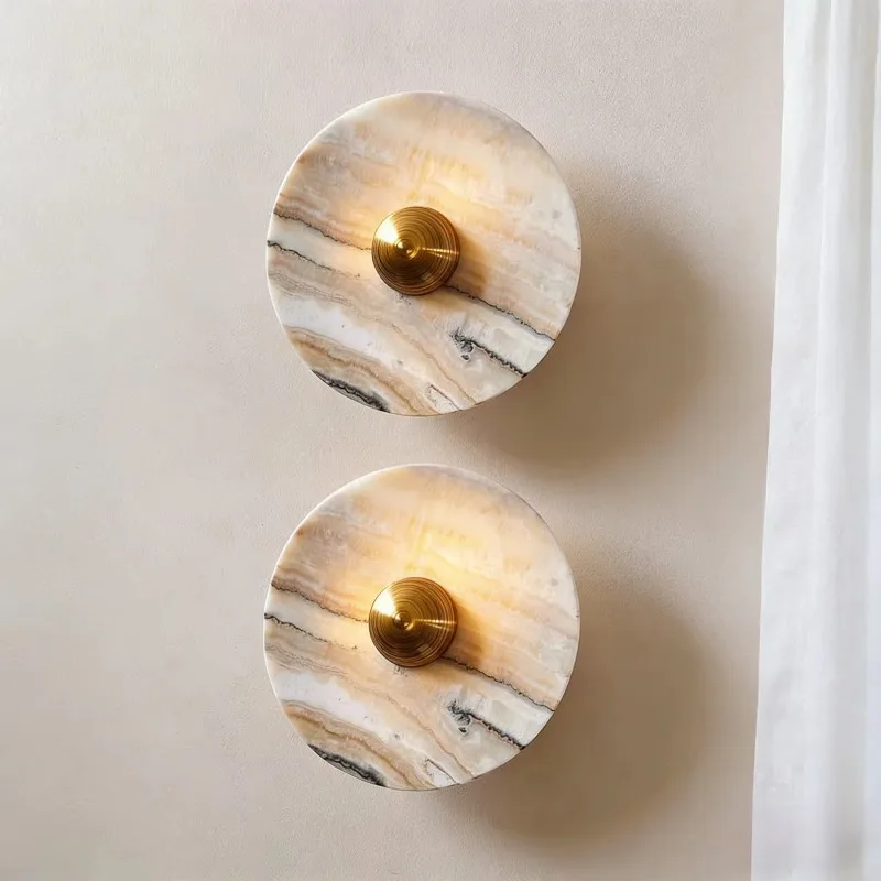 Natural Marble Round Wall Sconce Art Deco Brass Inset Lighting  Modern Ambient Wall Lamp for Living Room & Bedroom