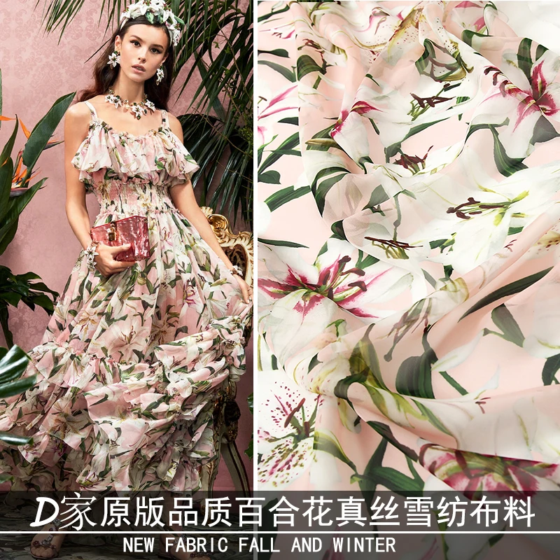 D Brand Home 100% mulberry Silk Chiffon Fabric Dress Elegant Woman Lily Flower Printed Cloth Handmade DIY High Satin Silk Fabric