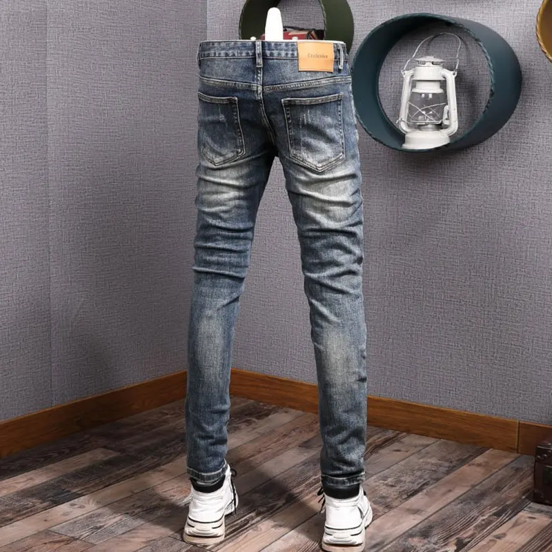 Streetwear Fashion Men Jeans Retro Blue Stretch Elastic Slim Fit Ripped Jeans Men Vintage Designer Denim Pencil Pants Hombre