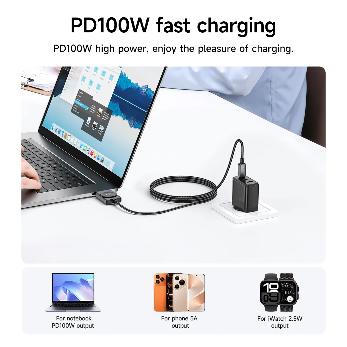 HOCO CW66 PD100W+iWatch 2-in-1 Charging Cable USB C Type-C to Type-C Quick Charger For Apple Watch Samsung Xiaomi Mobile Phone