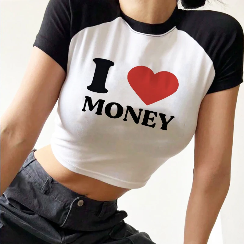 

T-Shirt I LOVE MONEY funny Letter Print Women's fashions T-Shirt 2000s Retro Streetwear Sexy Korean T-Shirt Emo Girls Crop Top