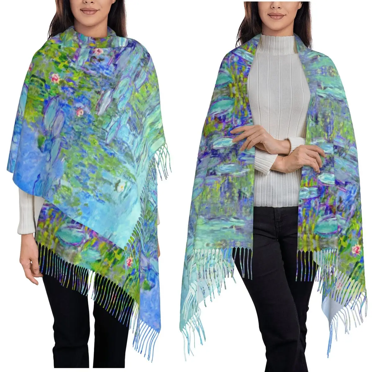Female Long Water Lilies Claude Monet Scarf Tassel Scarves Women Soft Warm Shawls and Wraps Long Fall Winter Shawl Wrap