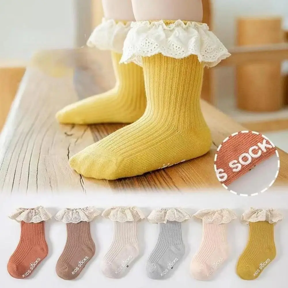 Non Slip Dots Baby Socks Lace Trim Soft Fabric Kids Mid Calf Socks Mid Calf Length Anti Skid Bottom Girls Socks Toddler Walking