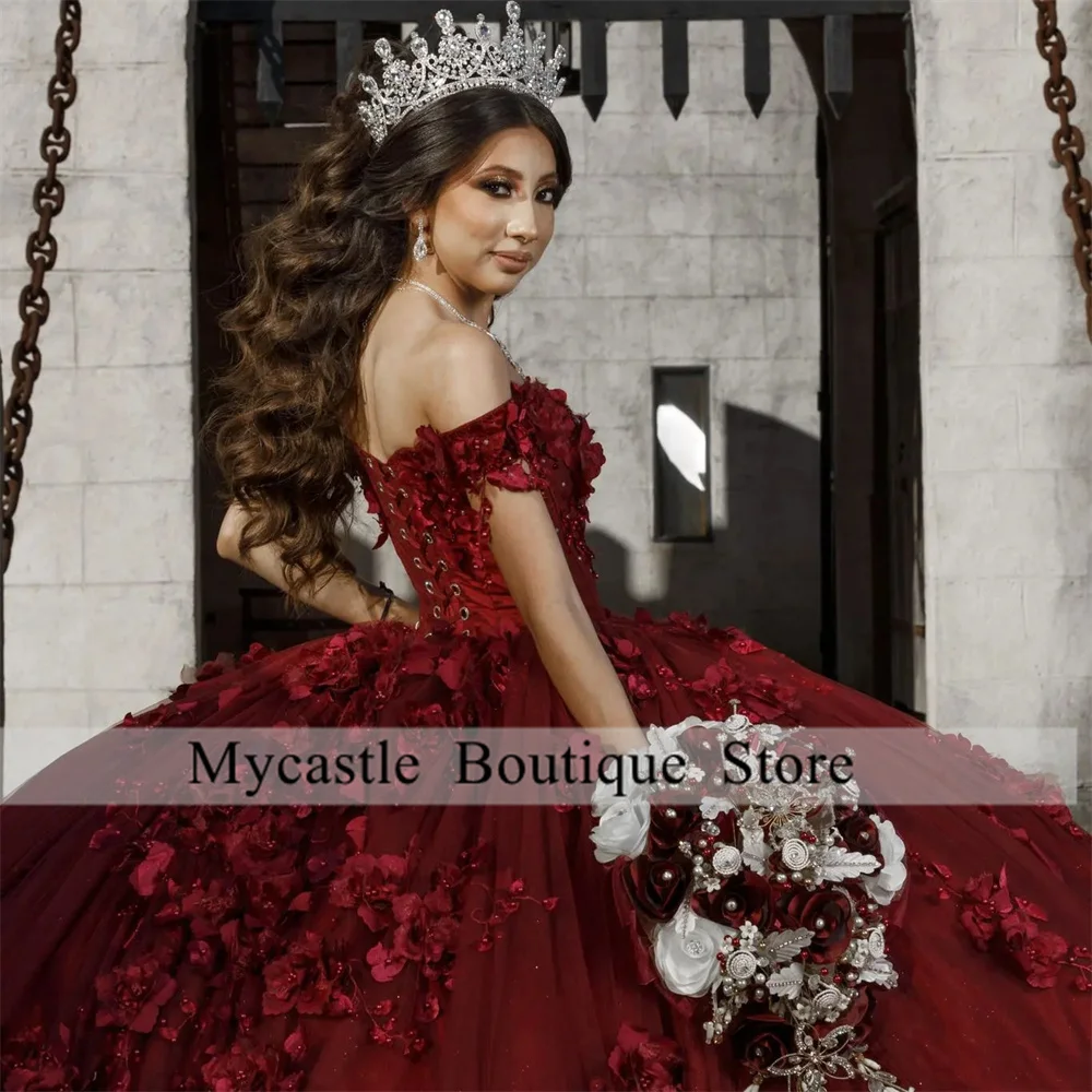 Customized Burgundy Lace Ball Gown Quinceanera Dresses 2024 Beaded 3D Flower Sweet 16 Dress Lace-up Corset Vestidos De 15 Años