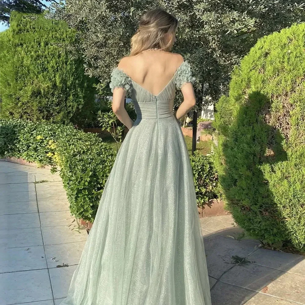 Backless Sweetheart Tulle Long Formal Evening Dresses Flower Sleeves Floor Length A-Line Prom Dress With Belt vestidos de noche image 3