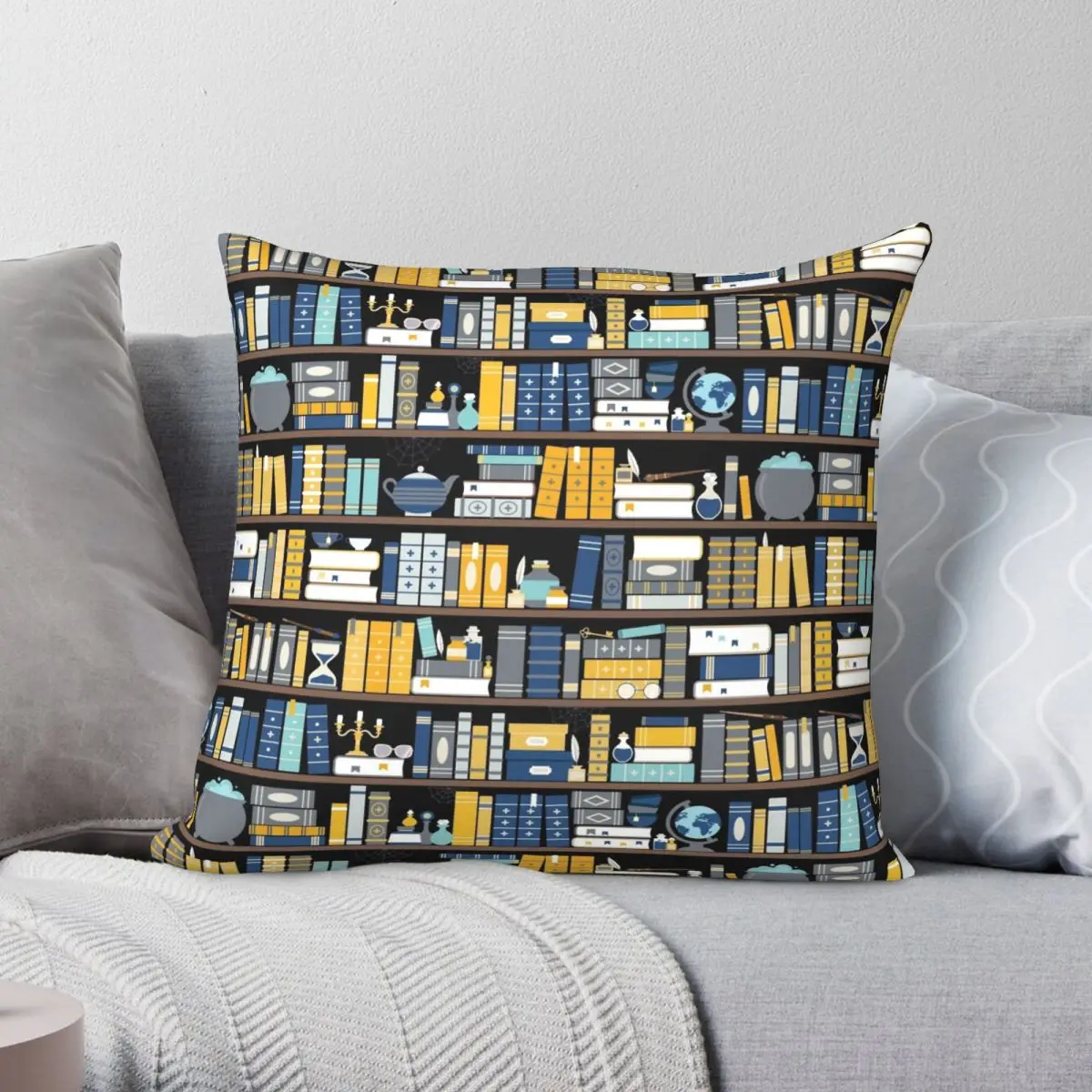 Bookcase Pattern Blue Yellow Library Pillowcase Polyester Linen Velvet Creative Zip Decor Throw Pillow Case Car Cushion Case