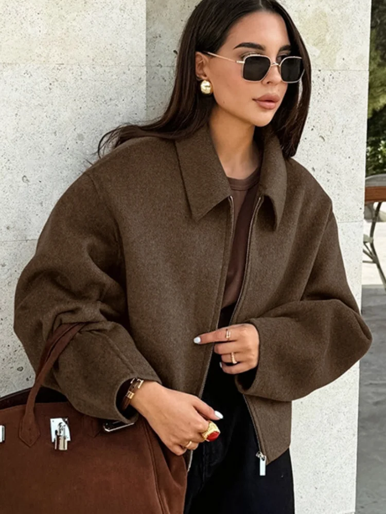 Women's Woolen Zipper Jacket Elegant Lapel Long Sleeve Blazer Thick Warm Short Coats Vintage Autumn Winter Streetwear Outerwear 2