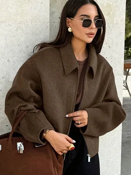 Women's Woolen Zipper Jacket Elegant Lapel Long Sleeve Blazer Thick Warm Short Coats Vintage Autumn Winter Streetwear Outerwear 2