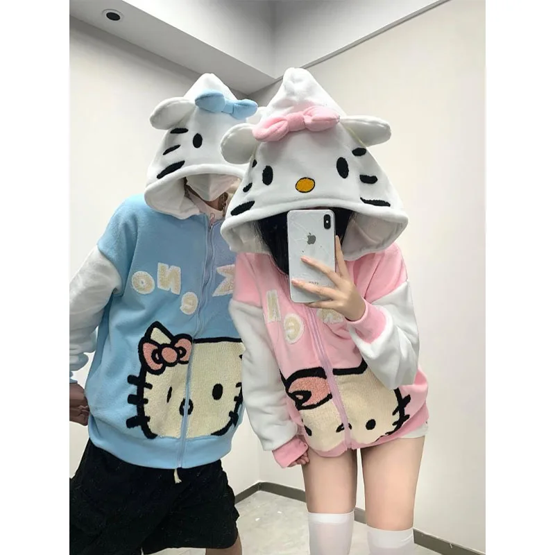 Cartoon Cute Hellokittys Anime Sweet Sherpa Hooded Sweatshirt Zipper Jacket Cartoon Cute Loose Warm Couple Fleece Sweater