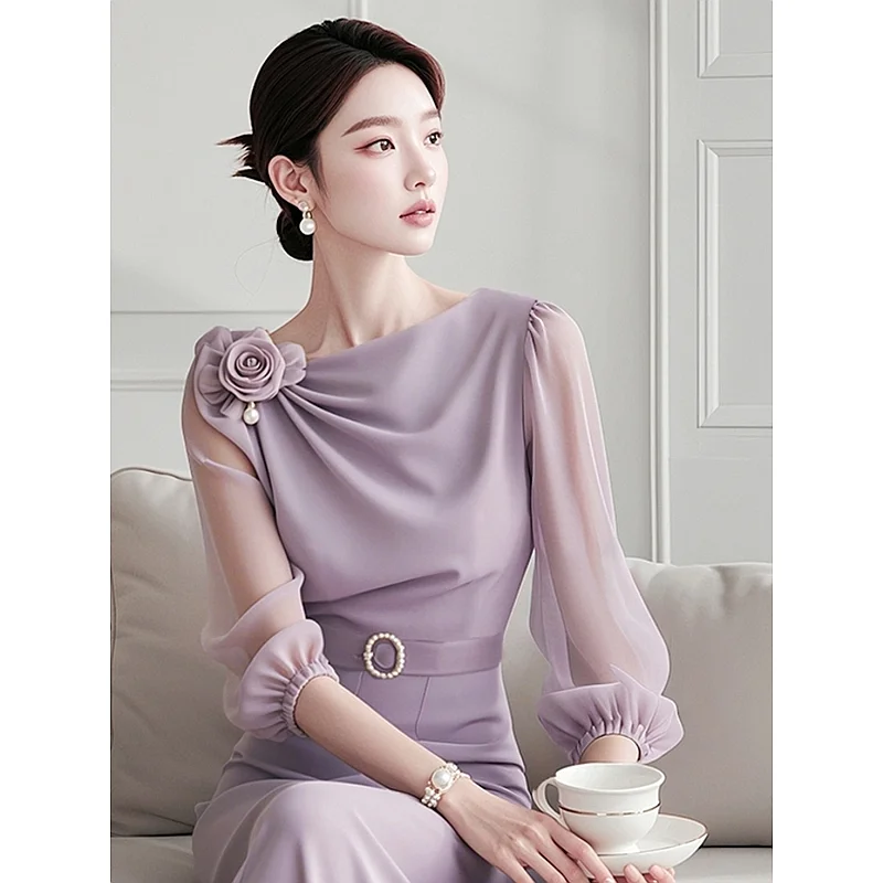 New women's clothing set for early autumn, light luxury, high-end, feminine purple chiffon shirt  blouse women