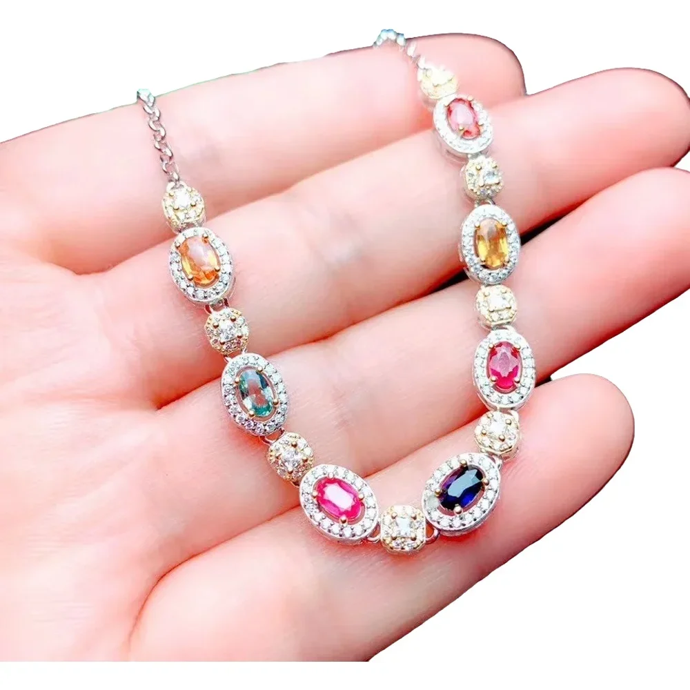 

KJJEAXCMY-925 Sterling Silver Hand Bracelet for Women, Inlaid Colored Sapphire, Exquisite Jewelry, Support Test, New