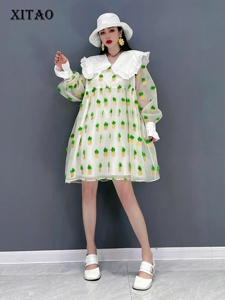 XITAO Patchwork Print Dress Women Korea 2024 Summer New Personality Fashion Loose Peter Pan Collar Full Sleeve Dress WMD5363