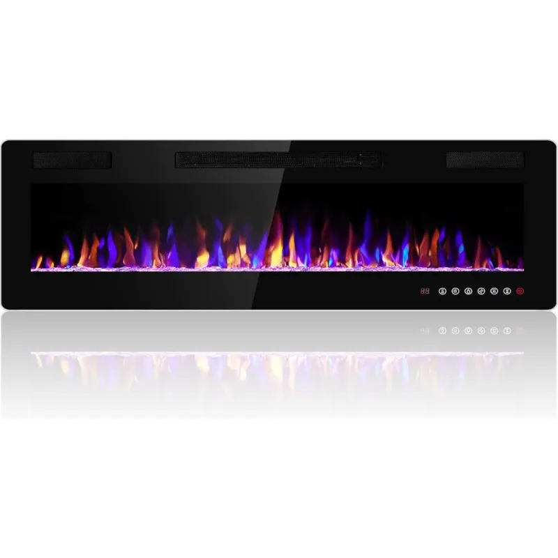 60 inches Electric Fireplace Recessed and Wall Mounted, with Timer, Remote Control, Adjustable Flame Color, 750w/1500w, Black