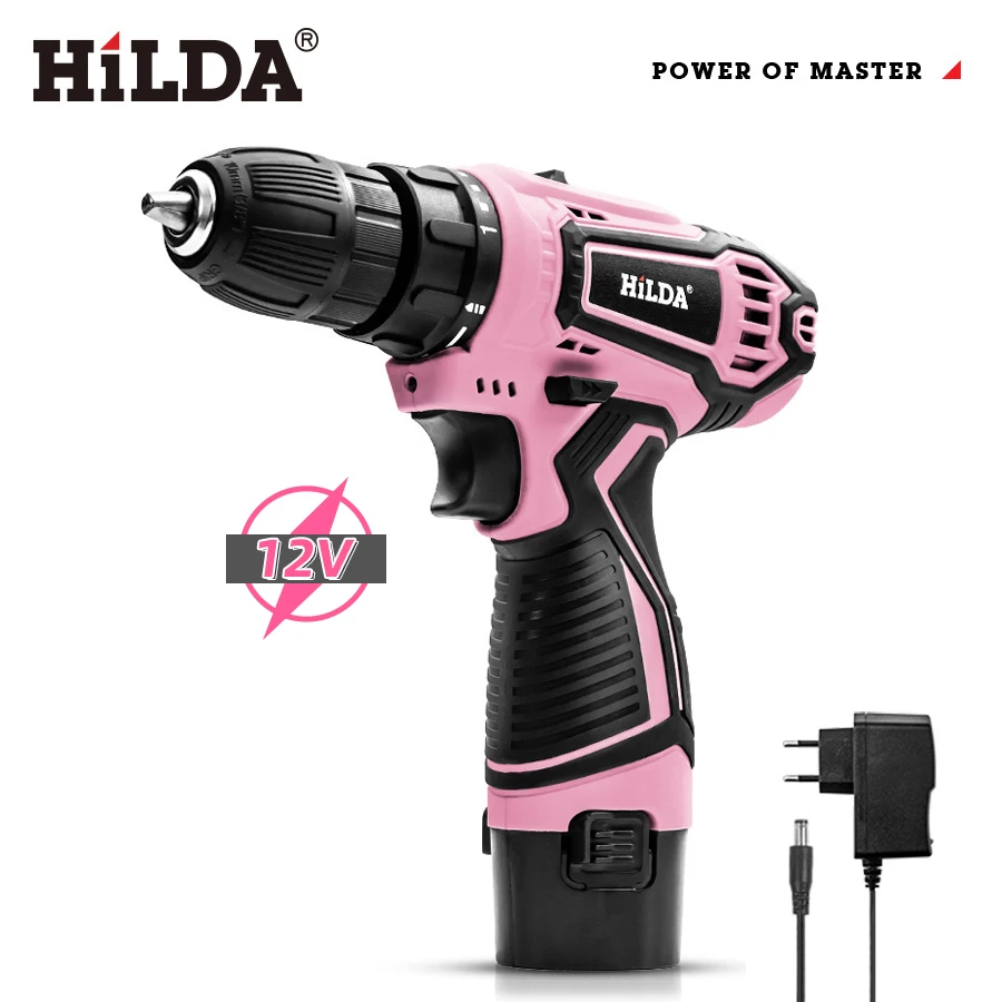 HILDA 12V Lithium Electric Drill Pink Electric Cordless Screwdriver Perforated Hand Mini Drill Power Driver