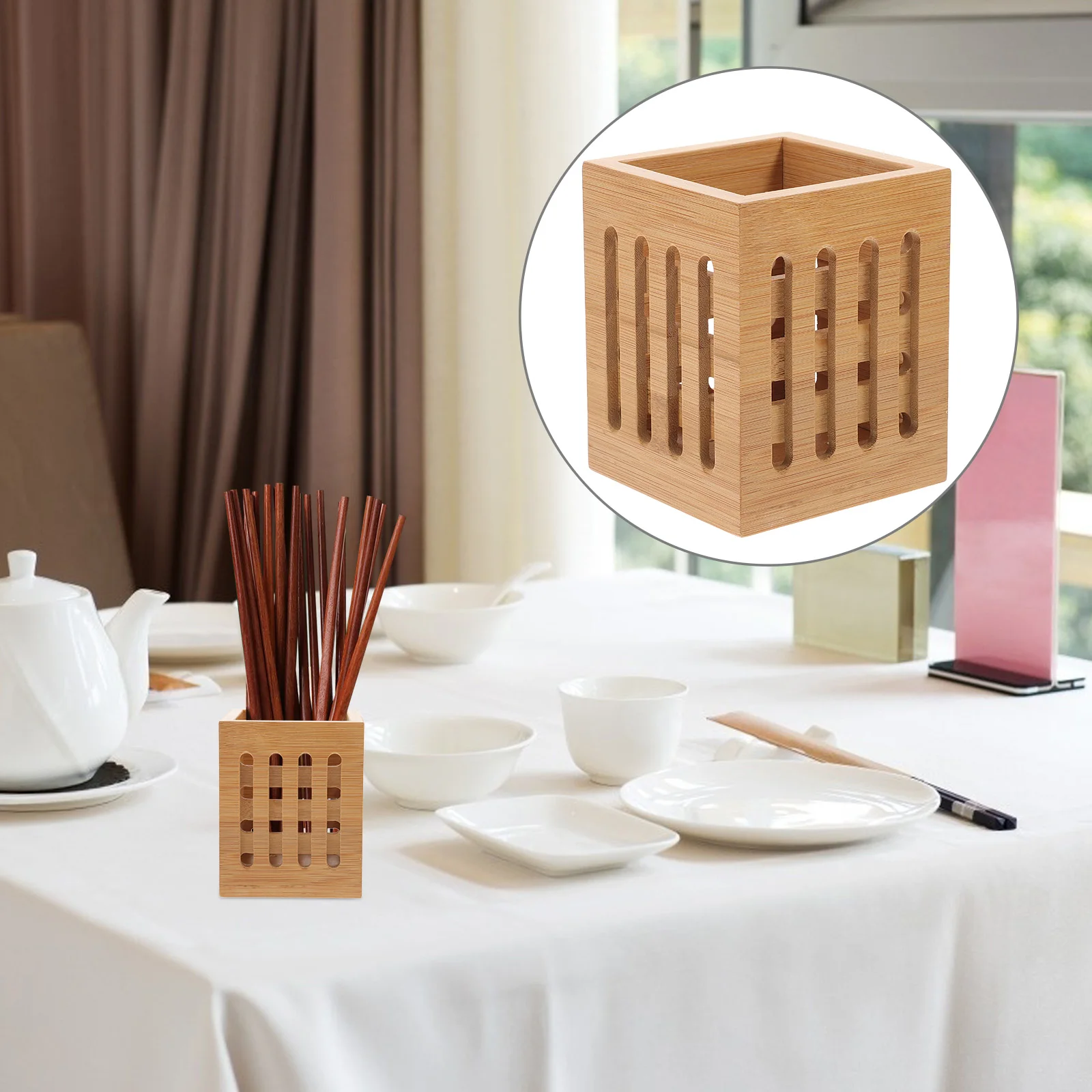 

Bamboo Kitchen Utensil Organizer Holder Rack Storage Jar Chopstick Silverware Fork Spoon Stand Drain Drying Cutlery Container