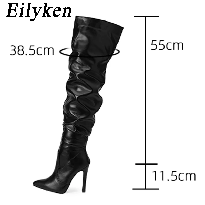 Eilyken Sexy Pleated Motorcycle Over The Knee Boots Women Fashion Pointed Toe Zipper Thigh High Long Stiletto Heel Ladies Shoes