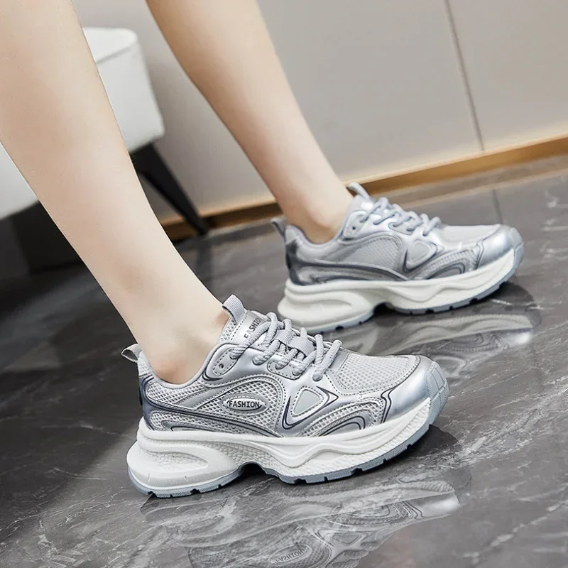 Women Luxary Chunky Sneakers Mesh Breathable Increased Internal Trainers Sports Running Casual Ladies Fitness Vulcanize Shoes