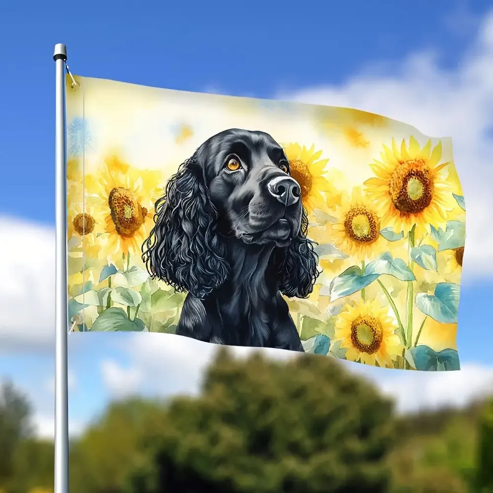 Black Cocker Spaniel Sunflower Garden Flag Outdoor Polyester Decorative House Banner
