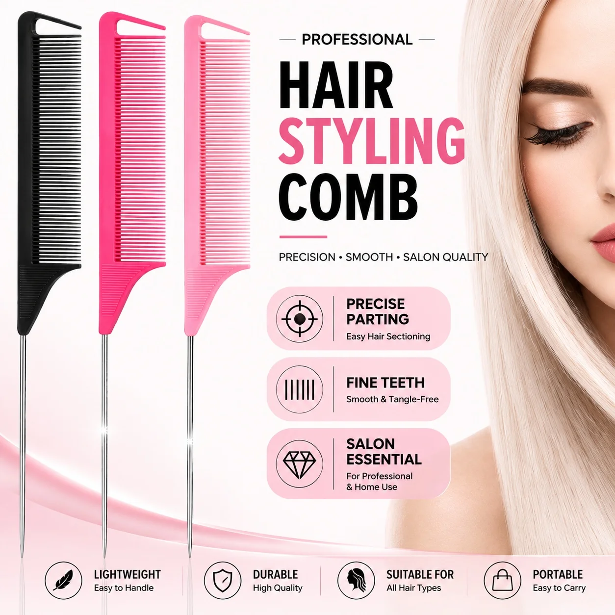 1pc Professional Pointed Tail Hair Comb Salon Cut Comb Styling Stainless Steel Spiked Salon Hair Care Hairdresser Styling Tool